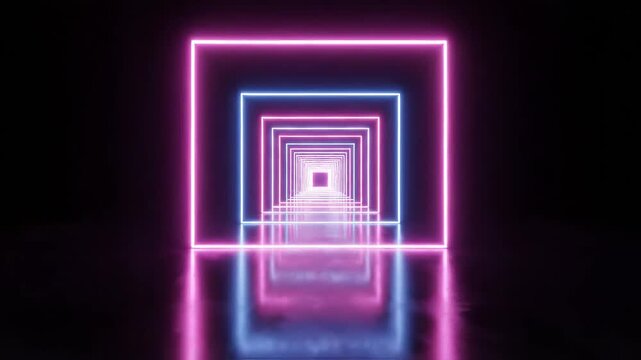 Neon light tunnel with glowing squares