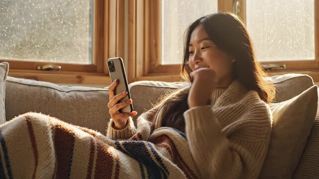 Woman on couch using phone with blanket