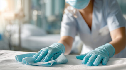 Healthcare professional disinfecting a hospital bed surface. Strong visual for medical services, hygiene campaigns, infection control, clinics and elderly care advertising.