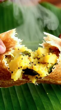 Close Up of Indian Hands Pressing Crispy Dosa on Banana Leaf representing Authentic South Indian Dining