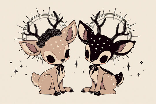 Gothic Style Illustration of Two Kawaii Deer with Bows, Stars, and Halos
