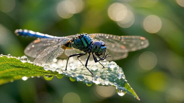 A close-up shot of a vibrant dragonfly perched on a leaf covered with water droplets