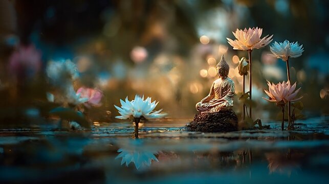 Golden buddha statue meditating on a rock amid pink and white lotus flowers floating on still water, soft bokeh light in the background evoking zen, spirituality, and calm reflection