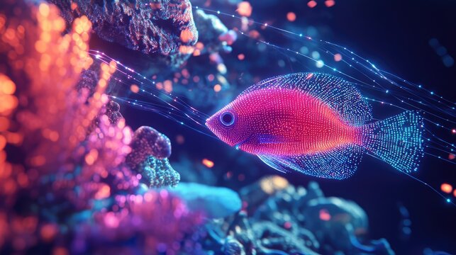 A fish is swimming in a coral reef