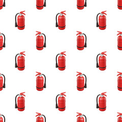 Red fire extinguishers in diagonal seamless pattern on transparent background for safety and emergency design concepts