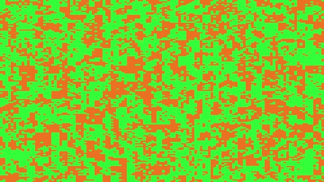 Abstract pixelated pattern with green and orange noise blocks, ideal for motion graphics, digital textures, retro video game or tech-themed designs.