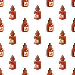 Amber dropper bottles with warning triangle labels in repeating pattern on transparent for pharmacy and safety design