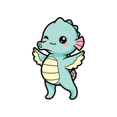 Obraz premium Cute Cartoon Dragon Dancing with Wings, Turquoise and Pink Fantasy Creature