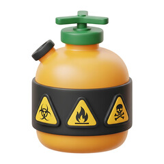3D hazardous chemical tank with warning symbols for biohazard, flammable and toxic materials, industrial safety concept