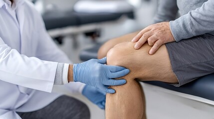 Doctor in medical gloves examining a patient's knee, providing orthopedic care and assessment for joint pain or injury recovery during a healthcare checkup