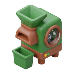 3D isometric recycling machine with lens and collection bin in green and brown, waste sorting and sustainability icon