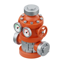 Orange industrial valve with pressure gauges and wheel on transparent background for oil and gas infrastructure concept