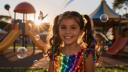  a young girl with brown hair in colorful pigtails, wearing a rainbow sequined dress.
