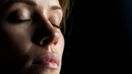 Obraz premium Eyes Closed Before Making a Choice, Close-Up of a Face With a Dark Background, Capturing a Moment of Reflection