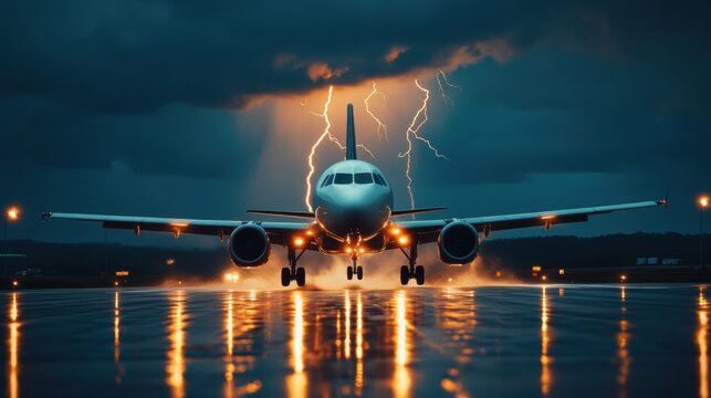 Airplane landing during thunderstorm at airport dramatic weather high-impact photography nighttime captivating scene