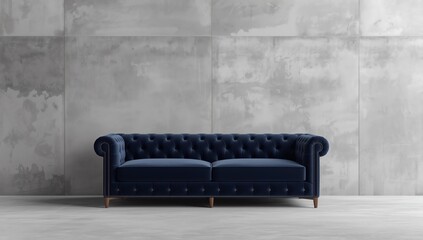 Interior of living room loft style with navy sofa with concrete wall on concrete white floor