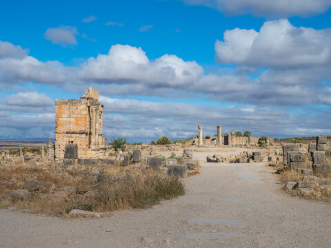 Inscription of dedication on the triumphal arch of Caracalla in Voloubilis. UNESCO heritage. Complex of ruins of the Roman city Volubilis - Meknes region, Morocco, North Africa