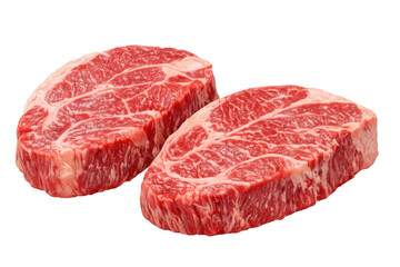 Obraz premium Raw beef steaks on a transparent background, showing rich marbling, perfect for culinary and food concepts