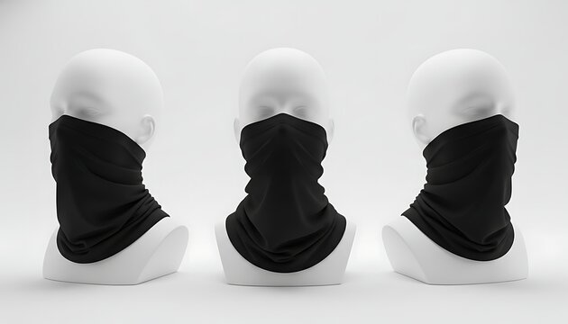 Black fabric neck gaiter mockup on mannequin heads, multiple views