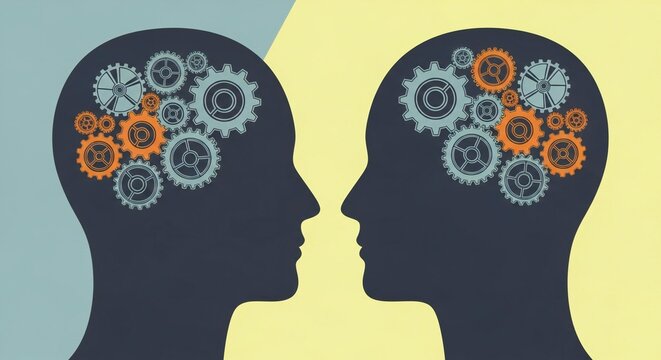 Conceptual graphic of two human heads with gears, symbolizing mental interaction, collaborative thinking, and idea whisking in an an abstract setting.