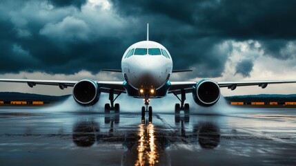 Naklejka premium Takeoff action of an airplane airport runway photography stormy environment front view aviation concept