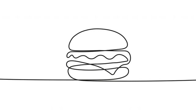 Continuous line drawing, minimalist burger illustration, simple food icon, black outline