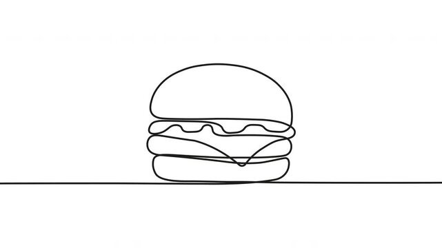 Continuous line drawing hamburger, minimalist food illustration, black outline on white