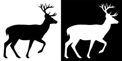 Obraz premium Silhouette of a majestic stag with large antlers walking on a white background.