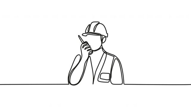 Construction worker, line drawing, hard hat, on phone, minimalist illustration