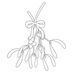 Vector illustration of mistletoe with a bow. Isolated on a white background. Symbolizing holiday traditions and romance, it's perfect for winter-themed designs and Christmas decorations.