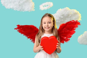 Naklejka premium Cute little girl dressed as cupid with gift box and clouds on blue background. Valentine's Day celebration