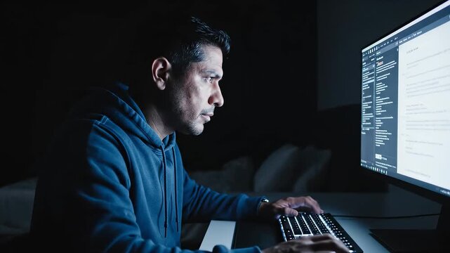 Man working on computer in dark room