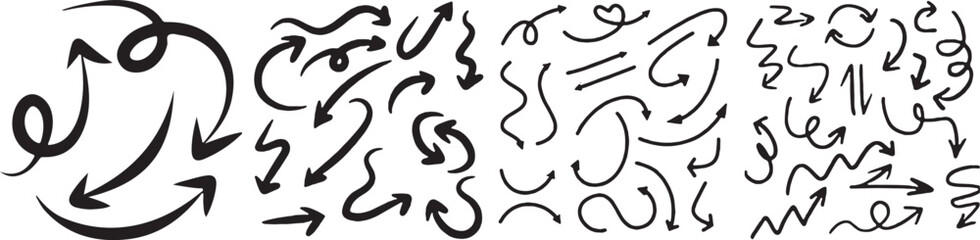 A comprehensive collection of diverse hand-drawn doodle arrows for various design purposes Vector
