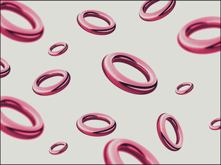 Abstract 3D illustration featuring floating pink metallic rings on a light neutral background....