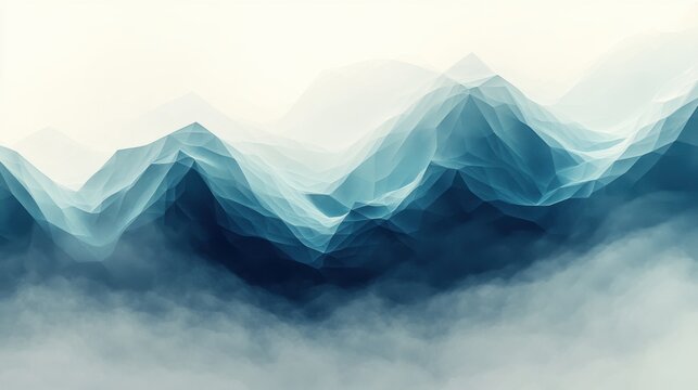 Abstract geometric design showing a river formed by interlocking triangles that shift in color from deep blue to teal against a light background