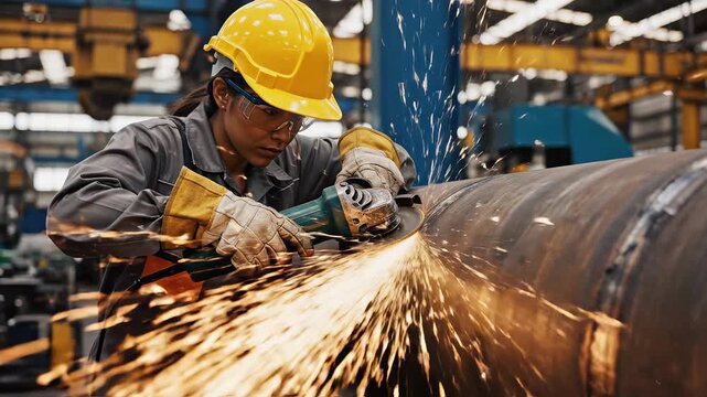 Factory worker grinding metal pipe