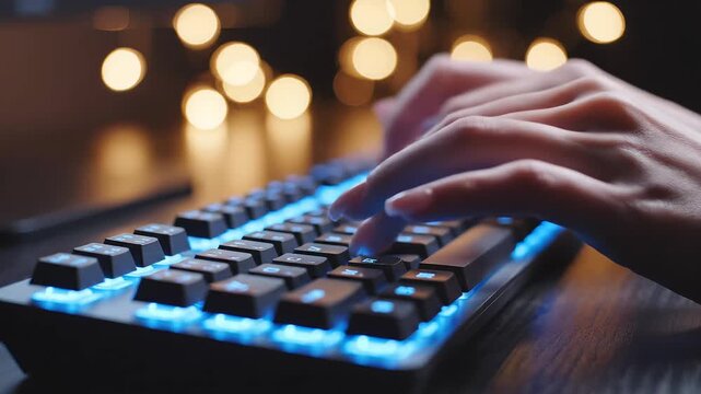 Hands typing on a backlit keyboard
