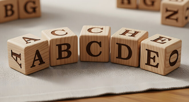 Curved Arrangement of Wooden Letter Blocks A-E on White Surface, Highlighted by Soft Studio Lighting