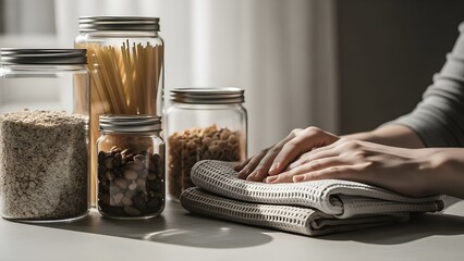 Close-up of reusable kitchen items partially in shadow