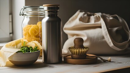 Close-up of reusable kitchen items partially in shadow