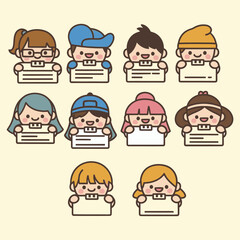 Diverse group of cartoon children holding blank papers.