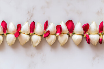 Thai flower garland phuangmalai with white jasmine and red rose petal arranged on marble background, symbol of respect and celebration in thai culture