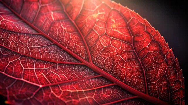 Close-up of a vibrant red leaf showing intricate vein patterns and textures.