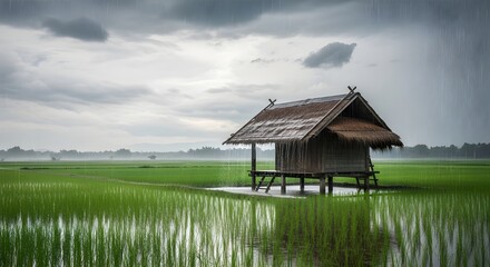 A small hut stands in the middle of lush rice fields under falling rain, capturing a serene tropical rural atmosphere.