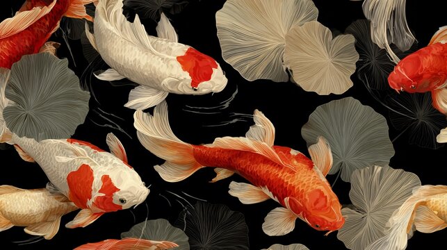 Koi fish swim among lily pads in a seamless repeat pattern on dark background