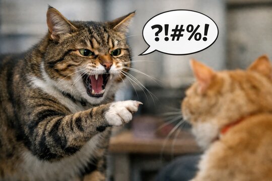 Brown tabby cat yelling and showing claws, having a dispute with another feline, portraying conflict and communication issues