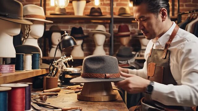 Skilled Artisan Crafting a Hat in a Traditional Workshop.