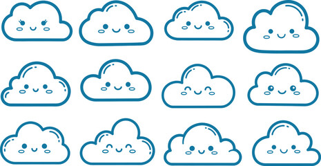 Obraz premium A collection of 12 cartoon clouds with smiling faces in teal outline on a white background
