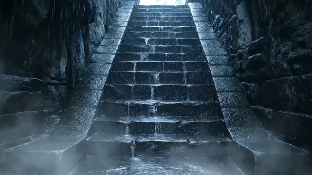 Dark Stone Stairway with Water Flowing Fantasy Architecture Mysterious Atmosphere Adventure Concept Passage Way Tunnel Interior Stone Structure Scene