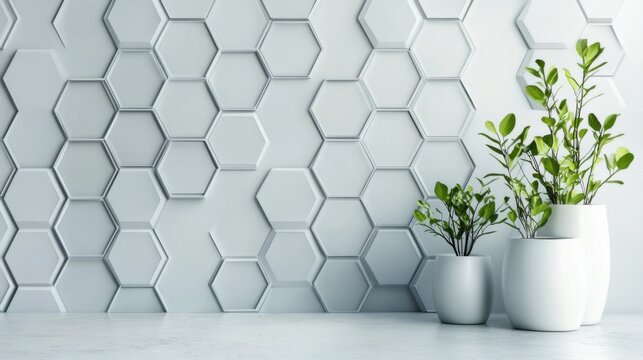 Geometric pattern of hexagons arranged to form a honeycomb structure against a light grey background with clean white shapes and plants in pots in front
